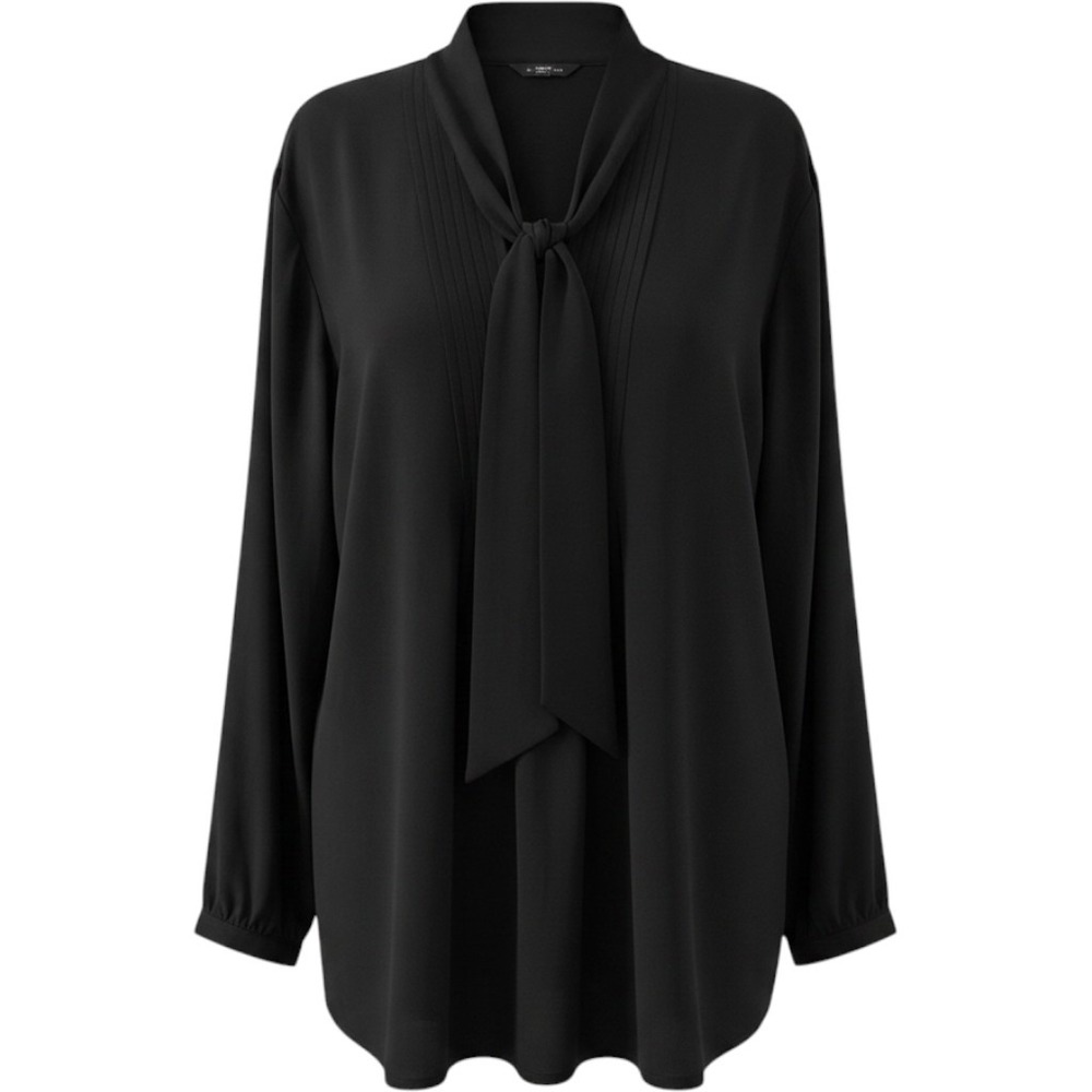 Black Tie Neck Pintuck Pleated Long Sleeve Blouse Top L Dark Academia Goth Work